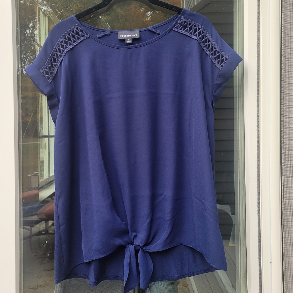 Navy blue mixed knotted top